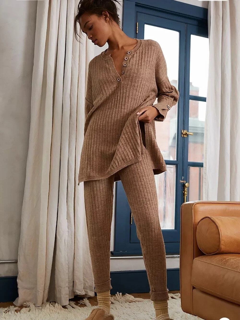 Free People Womens Size Medium Brown Taupe Around The Clock Taupe Ribbed Set